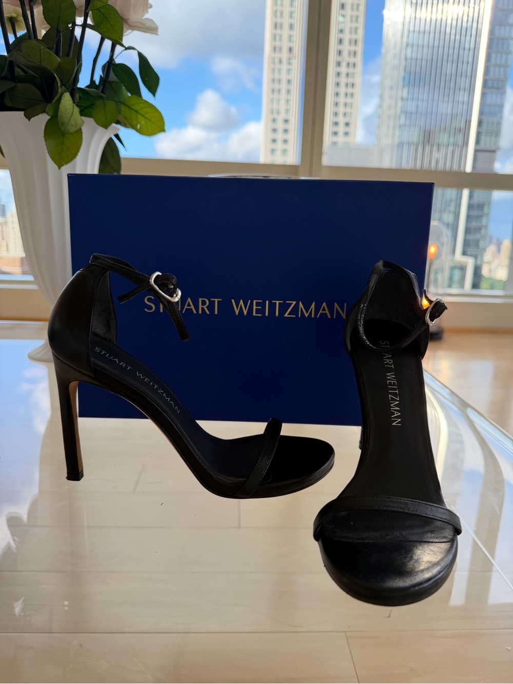 Stuart Weitzman Nudist black leather Ankle-Strap Stiletto Sandals size 5.5